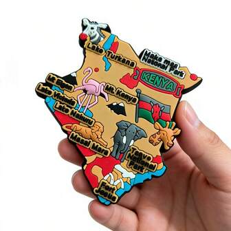 2.76英寸3D软橡胶肯尼亚地图冰箱贴，东非旅行纪念磁贴，带有火烈鸟和大象元素