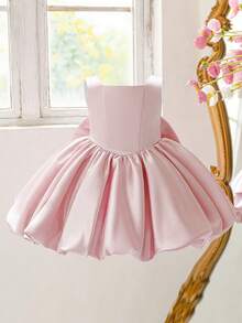 Baby Girls' Satin Square Neck Bow Back Cute Puff Flower Girl Dress, Suitable For 1st Birthday Party, Without Headband - Dusty Pink - View 1