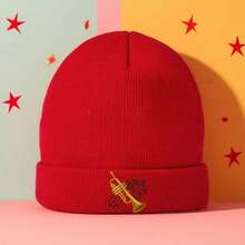 1 Music Theme Beanie - Gold Trumpet Design, Soft Stretch Knit, Unisex Winter Style, Perfect For Casual Wear, Coffee Gifts, And Music Enthusiasts, Coffee Gift, Elegant Style, Medium Stretch Fabric - Pink - View 5