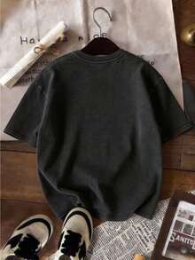 Áo thun ngắn tay màu xám bạc dáng rộng, phong cách đường phố cổ điển, cơ bản, màu đen thường ngày cho mùa hè. - màu đen - Xem 6