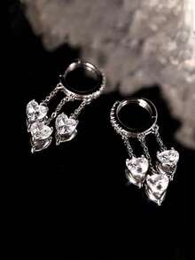1 Pair Rhinestone Heart Tassel Earrings, Unique Design, Delicate And Exquisite. This Is A High-End Versatile Fashion Earring Suitable For Various Occasions. - Silver - View 5