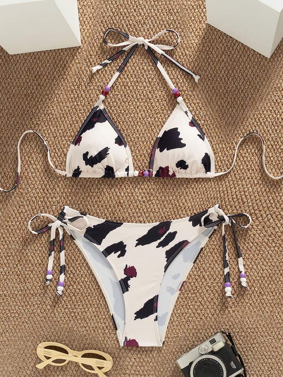 Women's Elegant Halter Bikini Set, Abstract Cow Print, Side Tie Swim Bottoms, Beach Party Swimwear - Multicolor - View 1