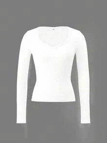 Women's Deep Scoop Neck Ribbed Bodysuit - Soft Stretchy Long Sleeve Winter Top (7 Colors) Sexy Cutout Neck Ribbed Blouse - Women's Figure-Flattering Long Sleeve Winter Layering Top Figure-Flattering Cutout Neck Ribbed Blouse - Women's Cozy Winter Layering Essential Soft Stretchy Ribbed Long Sleeve Top - Sexy Deep Scoop Neck Bodysuit For Winter Sexy Cutout Neck Ribbed Blouse - Women's Figure-Flattering Winter Layering Top Women's Stretchy Ribbed Long Sleeve Top - Deep Scoop Neck Bodysuit For Winter - 白色 - 查看 4
