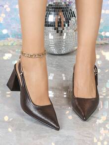 7cm Coffee Brown High Heel Pumps, Thick Heel Open Toe Party Dress Shoes, Wedding Formal Slingback Pointed Toe Sandals