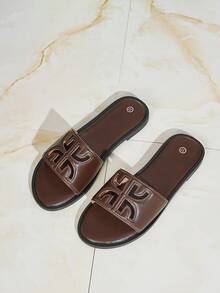 Korean Style Solid Color Flat Slide Sandals, Round Toe, Breathable, Slip-On, Women's House Slippers - Rust Brown - View 4