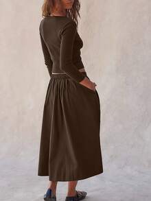 Women's 2 Piece Lounge Set Matching Outfit Vacation Ribbed Button Down Cardigan Elastic Waist Skirt Set - Cà phê nâu - Xem 8