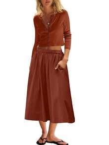 Women's 2 Piece Lounge Set Matching Outfit Vacation Ribbed Button Down Cardigan Elastic Waist Skirt Set - Rust Brown - View 6