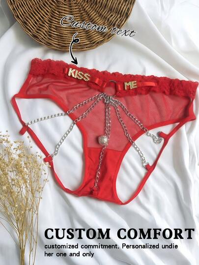 1pc Women's Custom Metal Letter Decor & Lace Design, Red Lace & Elastic Fabric, Comfortable & Seductive, Personalized & Alluring Sexy Lingerie Thong For Intimate Occasions & Valentine's Day