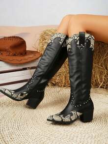 Weide Botas para mujer – Botas vaqueras de mujer con punta fina, estampado serpiente, tacón medio retro y estilo punk - Negro - Ver 2