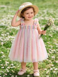 Baby Girls' Elegant Cute Sleeveless Strap Gradient Color Star Moon Applique Pink Comfortable Dress, Birthday Party, Baby Clothes, Christmas - Pink - View 3