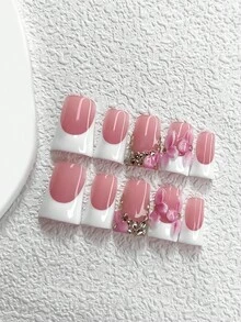 10pcs Handmade Floral Nail Stickers, French Manicure Set, Champagne Crystal Nail Decor, White Gel Nails, Nude Base, 3 Sizes: Almond, Duck Mouth, Coffin, Includes Tool Kit, Suitable For Women And Girls, Suitable For Outings, Parties, Daily Wear Nail Supplies Handmade Press On Nails - 彩色 - 查看 12