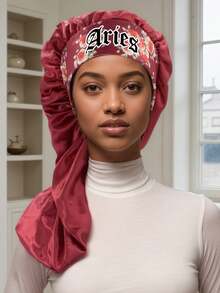 1 pieza Gorro de satén básico para el cabello con impresión personalizada de 12 constelaciones, gorro de dormir de satén de ala ancha con elástico (Patrón de impresión aleatorio) - Estampado del zodiaco CM14 rojo - Ver 5