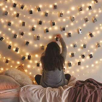 100 diod LED, 33-stopowy łańcuch świetlny z klipsami do zdjęć, zasilany bateriami AAB, lampki choinkowe do akademika, sypialni, na Boże Narodzenie, imprezę, wesele (ciepła biel)