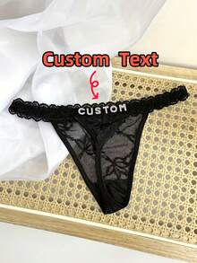 Customized Lace Funny Thong With Gold Name Pendant, Personalized Sexy Panties With Any Name, Rave - Black - View 1