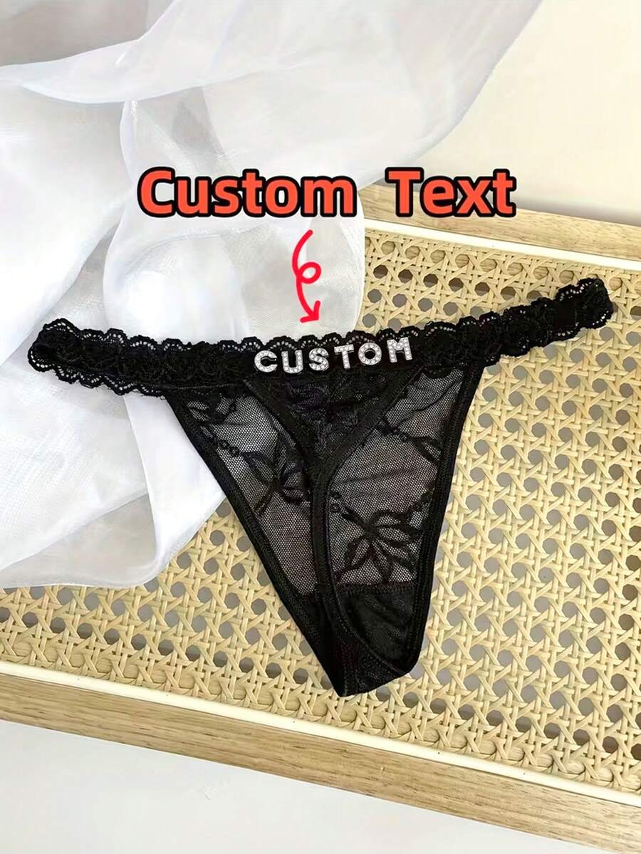 Customized Lace Funny Thong With Gold Name Pendant, Personalized Sexy Panties With Any Name, Rave - Black - View 1