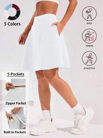女士二合一高腰网球裙，带内置裤袋 - 白色运动瑜伽裙，20英寸及膝长度，弹力涤纶面料，纯色，四季皆宜，适合运动和休闲穿着，时尚设计，耐穿面料