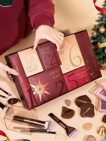 MAANGE Nytt! Julkalender Komplett sminkset Presentförpackning Innehåller: Sminkborsteset - Hårband - Lösögonfransset i blandade stilar - Ögonfransböjare - Pincett - Puderpuff - Fyrkantig handduk - Sminkborttagningsdyna - Necessär - Förvaringsask - Borstrengörare - Sminkverktyg gjorda av mjuka fibrer, kattögonfransar för att förstora ögonen, Hybridsetet uppfyller alla dina behov, Oumbärligt för dejter, fester och resor, Present till kvinnor och tjejer