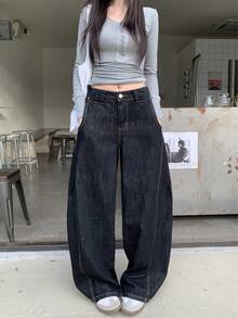 复古美式宽松阔腿喇叭牛仔裤 - 黑色 - 查看 4