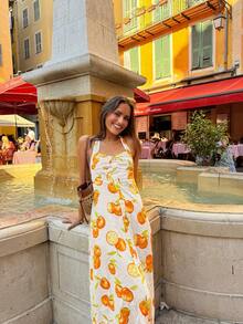Damen Sommer Casual Urlaubsstil Vollprint Orange Knoten Träger Kleid, Damen Boho Mittellang Träger Kleid, Orange Fruchtprint, geeignet für Sommer Party Elegant - Gelb - Übersicht 5