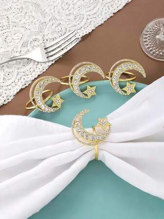 1pc Rhinestone Studded Star Napkin Ring, Hotel Restaurant Table Napkin Holder, Star & Moon Decor Napkin Ring