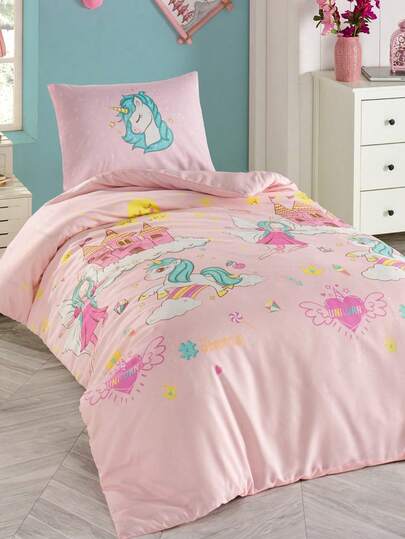 Made In Turkey-2-Piece Set With Unicorn Design. 65% Cotton, 35% Polyester. Suitable For All Seasons, The Duvet Cover Has Buttons. 1 Duvet Cover (140x200cm) And 1 Pillowcase (50x70cm). Highly Breathable, Soft And Lightweight. The Pillowcase Design Is Carefully Crafted. The Item Will Be Shipped As Pictured. -Unicorn Dreams Pembe