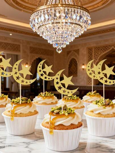 12pcs Glitter Moon And Star Eid Cupcake Toppers, Ramadan Karim Party Supplies, Islamic Muslim Party Decorations, Festive Celebration, Star Decorations, Decorative Cake Toppers, Durable Party Supplies, Cake Decorations, Event Planners, Family
