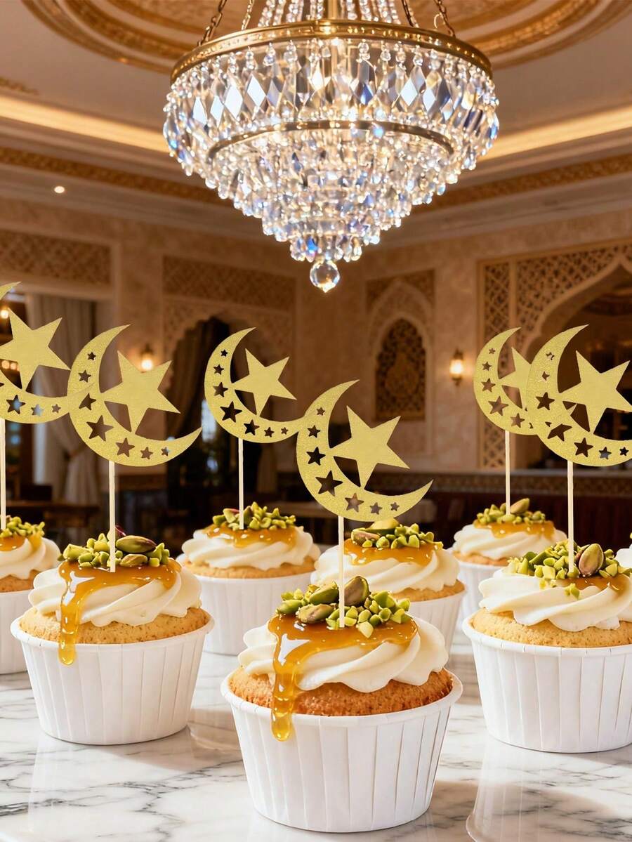 12pcs Glitter Moon And Star Eid Cupcake Toppers, Ramadan Karim Party Supplies, Islamic Muslim Party Decorations, Festive Celebration, Star Decorations, Decorative Cake Toppers, Durable Party Supplies, Cake Decorations, Event Planners, Family - Multicolor - View 1