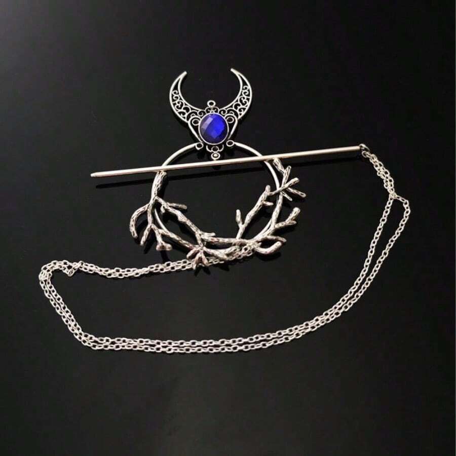 Vintage Viking Unique Witch Hair Accessories Hair Comb Beautiful Crescent Branch Imitation Gemstone Hair Accessories Nordic Norwegian Style Hairpin Valentine's Day Birthday Gift For Girlfriend, Perfect For Halloween - 寶藍色 - 查看 1