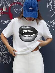 女士夏季休闲个性印花圆领T恤时尚百搭。夏季上衣 白色上衣 粉色上衣