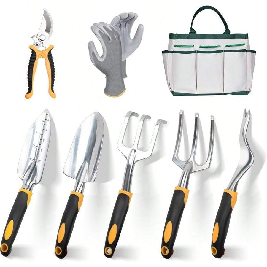 Garden Tools 9 Piece Heavy Duty Gardening Tools Set with Non-Slip Rubber Grip Stainless Steel Garden Tool Gifts for Women Husbands and Parents - Amarillo - Ver 1