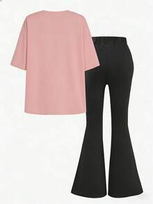 2pcs Girls Loose T-Shirt And Shorts Set, Casual Minimalist Style, Suitable For School, Sports, Outdoor Activities - Pink - View 4