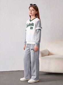 Girls Green Letter Print Long Sleeve Casual Sweatshirt & Pants Set, Girls Long Sleeve Sweatshirt + Straight Leg Pants - Light Grey - View 3