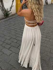 Look-Polly 女士夏季连衣裙，吊带露背修身长裙，荷叶边下摆，无袖性感连衣裙，适合海滩、度假、派对等场合，优雅迷人。 - 杏色 - 查看 9