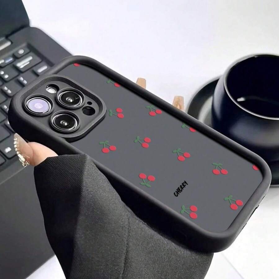 Funda de teléfono elegante para iPhone 11 12 13 14 15 16 Plus Pro Promax XSMAX XR XS/X, funda de silicona, moda de alta gama, patrón de melocotón pequeño negro, presenta un estilo más individualista. - 1 pieza - Ver 1