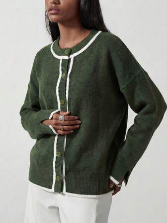 Se-Hore 2025 女士秋冬新款时尚单品，商务休闲/日常通勤/简约优雅/街头风/男女皆宜/旅行度假，秋冬针织毛衣，欧美风撞色滚边针织开衫