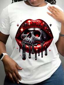 Playera unisex con estampado gótico de labios y calaveras - Algodón suave y transpirable, cuello redondo, manga corta, camiseta casual negra para primavera y verano, camiseta gótica. - Blanco - Ver 5