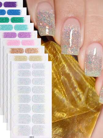 Self-Adhesive Gradient French Onion Powder Glitter Nail Stickers, Waterproof Nail Art Decals