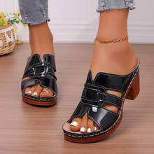 女士漆皮镂空厚底穆勒鞋，复古木屐风格凉鞋，夏季必备 - 黑色 - 查看 16