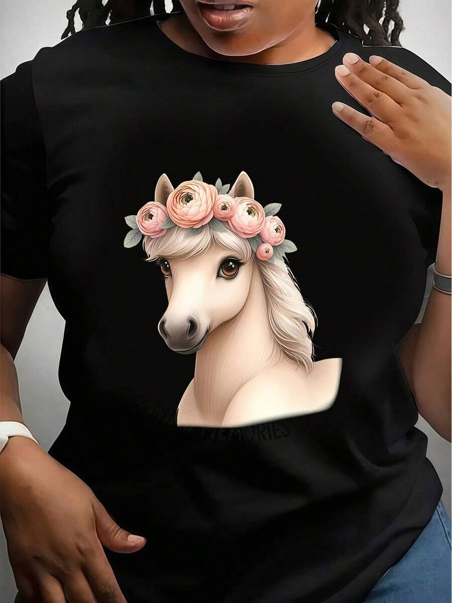 Plus Size Women's Pure Cotton 180g T - Shirt With Cute Floral Crown Horse Print Crew Neck Casual Tee - 黑色 - 查看 1