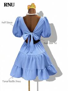 RNU Women's Romantic Elegant Music Concert Dress, Bohemian Style Backless Bowknot Flounce Hem Mini Dress, Suitable For Beach, Party, Wedding Guest, Valentine's Day, New Year, Travel - Blue - View 2