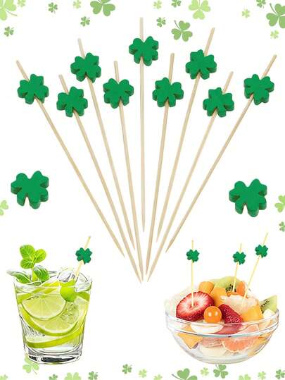 100支圣帕特里克节三叶草鸡尾酒签，绿色竹制牙签，适用于开胃菜、饮品派对装饰，爱尔兰主题一次性食品串签，节日庆典，圣帕特里克节派对用品