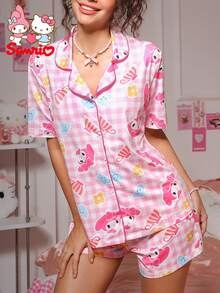 Sanrio 女士数码印花翻领纽扣睡衣套装（衬衫和短裤），可爱睡衣套装，舒适家居服套装 - 粉色 - 查看 4