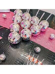 1/3pcs,Silvery Pink Disco Themed Party Cups With Lids And Reusable Straws Suitable For Bachelor Party Cups For Halloween,Christmas Event & Party Supplies For Christmas,Newyear,Valentine,Party Events - Multicolor - View 6