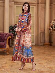 Ramadan Middle Eastern Ramadan Long Robe V-Neck Long Sleeve Dress, Print For Daily, Festival, Party Wear - Red - View 3