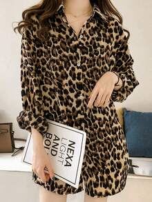 Moda suelta grandes yardas camisa de leopardo de impresión femenina de primavera y otoño de Hong Kong gusto solapa de manga larga de la sección de fondo largo tops desgaste exterior blusas para mujer fiesta - Marrón - Ver 1