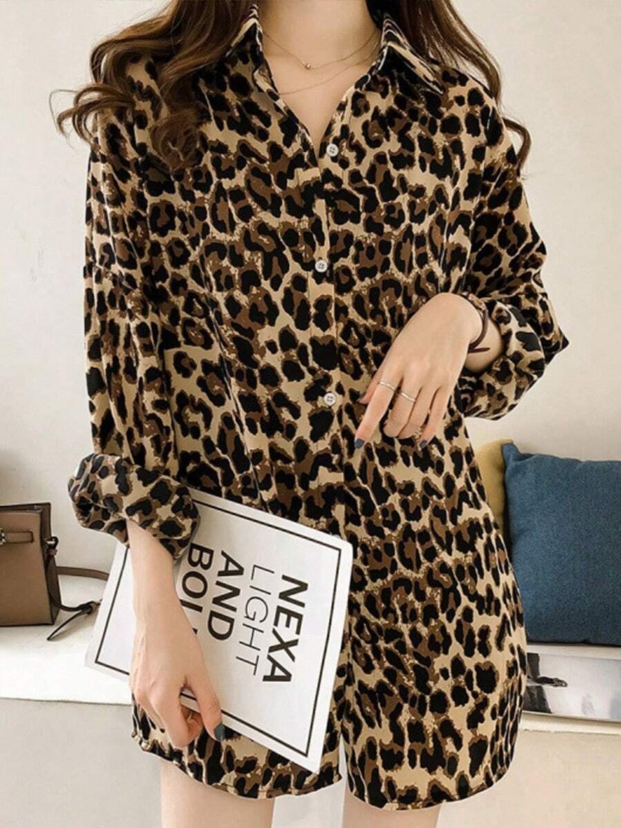 Moda suelta grandes yardas camisa de leopardo de impresión femenina de primavera y otoño de Hong Kong gusto solapa de manga larga de la sección de fondo largo tops desgaste exterior blusas para mujer fiesta - Marrón - Ver 1