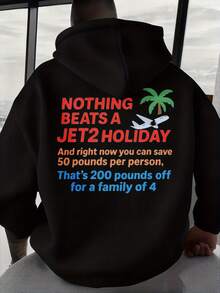 Men'S Funny Jet2 Holiday Graphic Hoodie - Nothing A Jet2 Holiday Slogan & Tree/Airplane Print, Loose Fit Casual Streetwear, Durable Comfortable Pullover Autumn/Winter, Black With Text, Versatile Casual Attire (Washable) - 黑色 - 查看 6