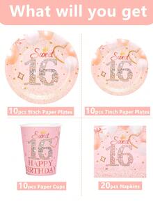 10个/20个/50个/80个玫瑰金甜美16岁生日派对纸盘、纸杯和餐巾纸餐具套装，16岁生日派对装饰，16岁一次性蛋糕甜点餐具套装，适合女孩女士生日派对用品。 - 彩色 - 查看 10