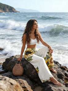 Plus Size Women's Straight Leg Casual Pants With Sunflower Print, Drawstring Elastic Waist Wide Leg Trousers, Breathable & Soft For Vacation, Casual, Spring/Summer With Floral, Leaf Pattern, Knot Drawstring - Light Yellow - View 2