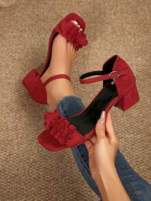 2026 Summer Girl's Velvet Square Toe Chunky Heel Sandals With Single Strap Buckle, Ruched Ruffle Open Toe Slip-On Sandals, Soft Sole Anti-Slip Commuter Shoes, Chunky Heel Comfortable For Long Wear, Square Toe Flattering Foot Shape, Versatile For Daily Wear, Vacation - Red - View 1